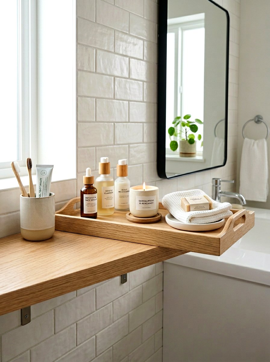 Light Wood Tray - 25 Spring Bathroom Shelf Decor Ideas