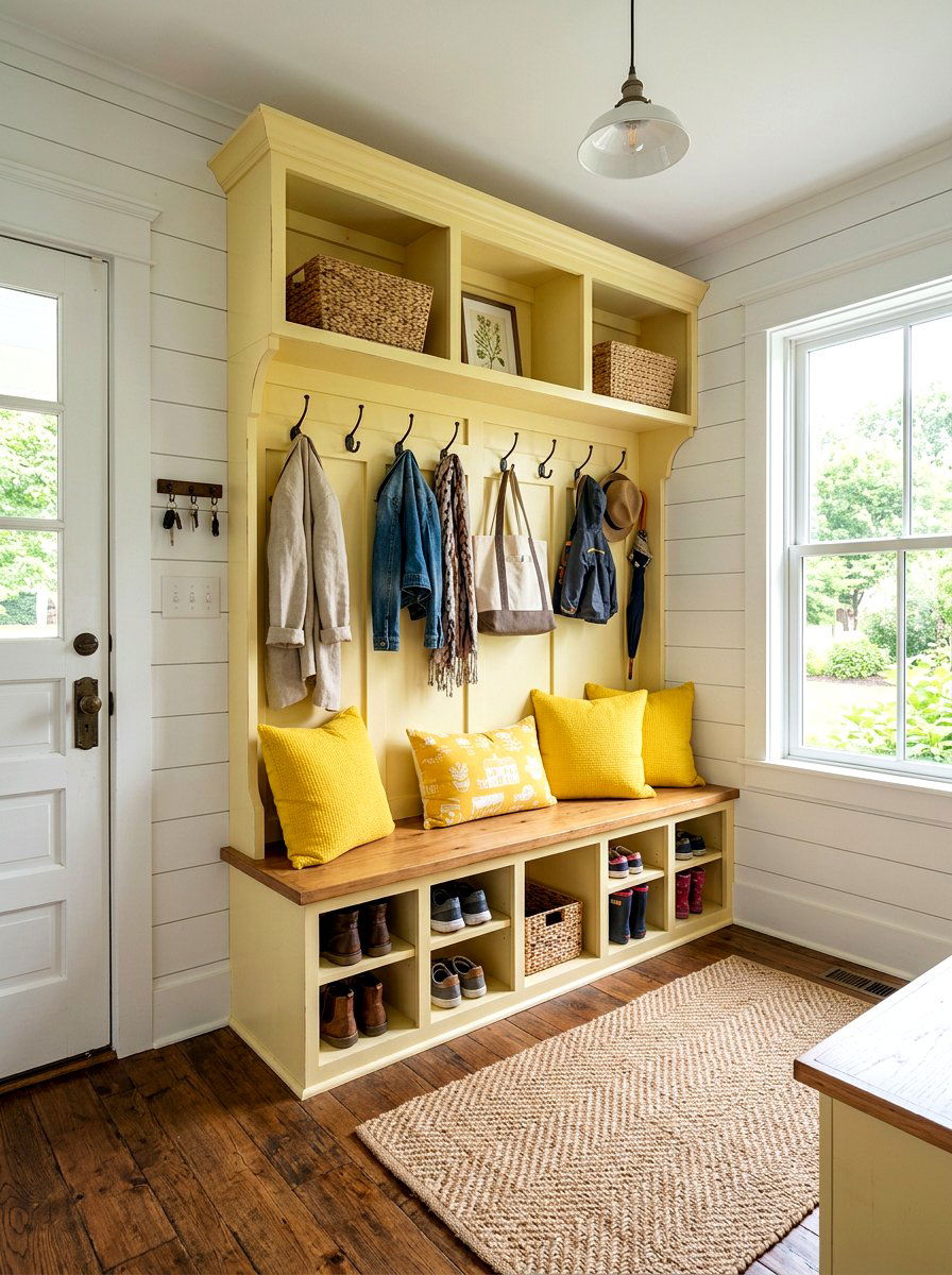Light Yellow Mudroom Bench - 25 Spring Accent Pillow Ideas