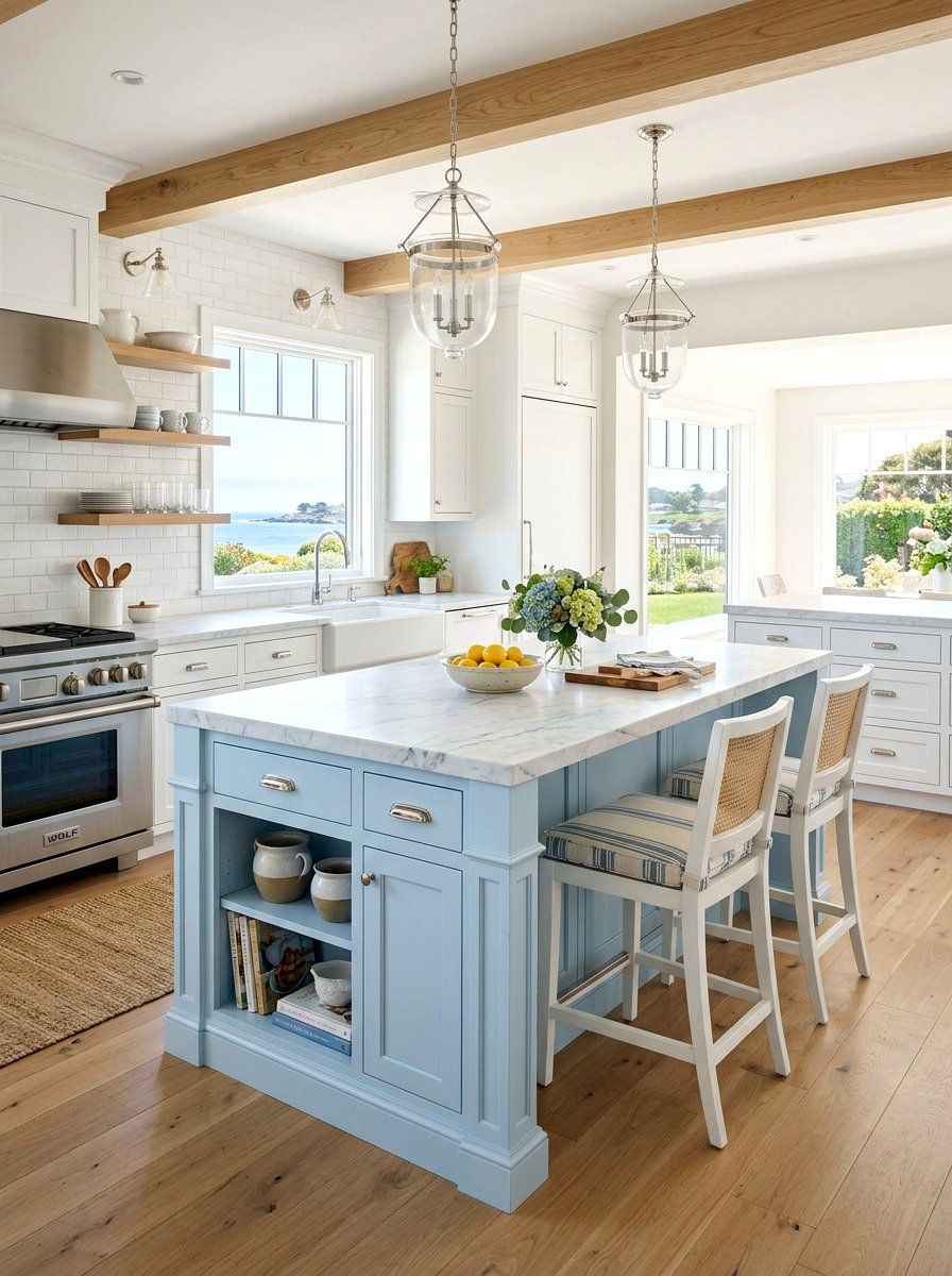 Light blue island - 25 Spring Kitchen Refresh Ideas