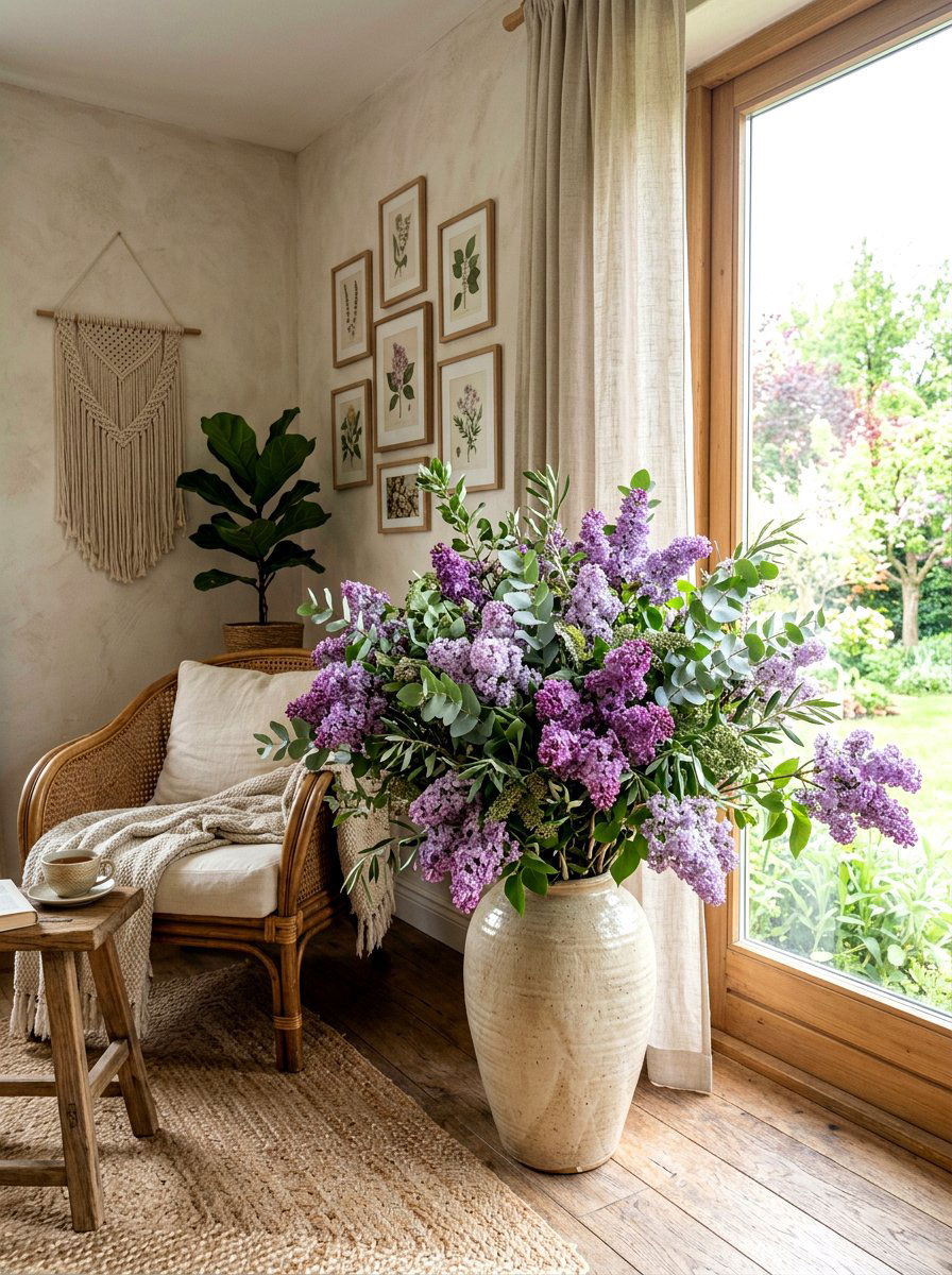 Lilac And Greenery Branch Display - 25 Spring Lilac Arrangement Ideas