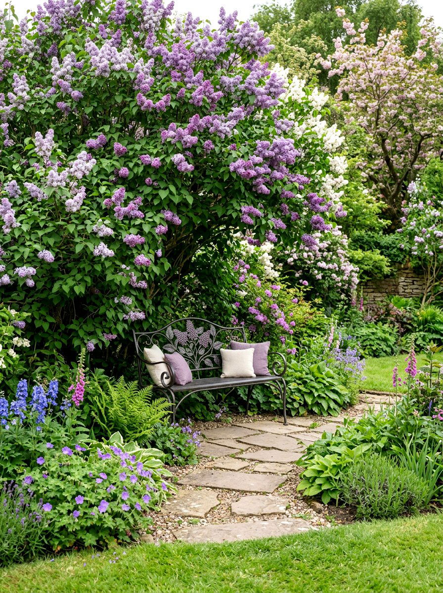 Lilac Garden Bench Area - 25 Spring Lilac Bush Ideas