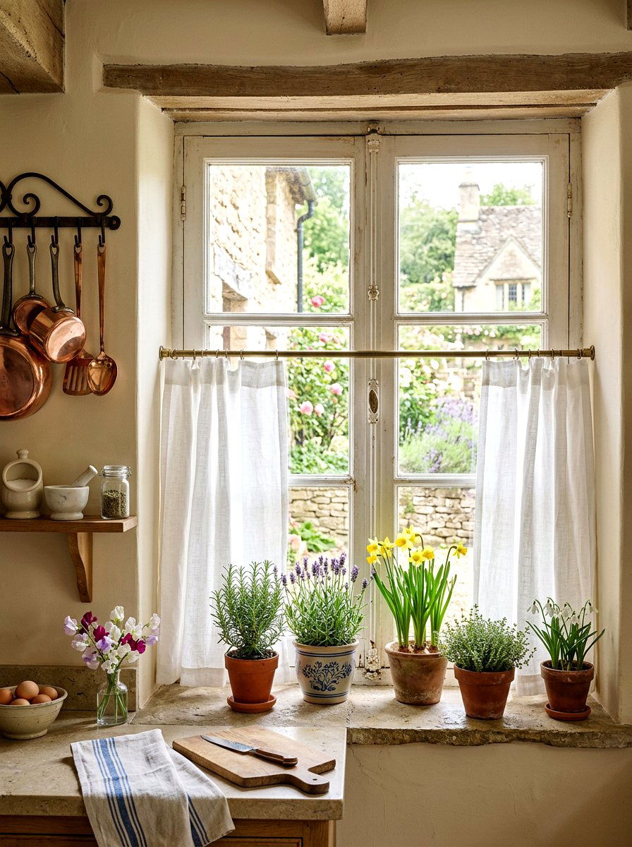 Linen Cafe Curtains - 25 Spring Kitchen Windowsill Decor Ideas
