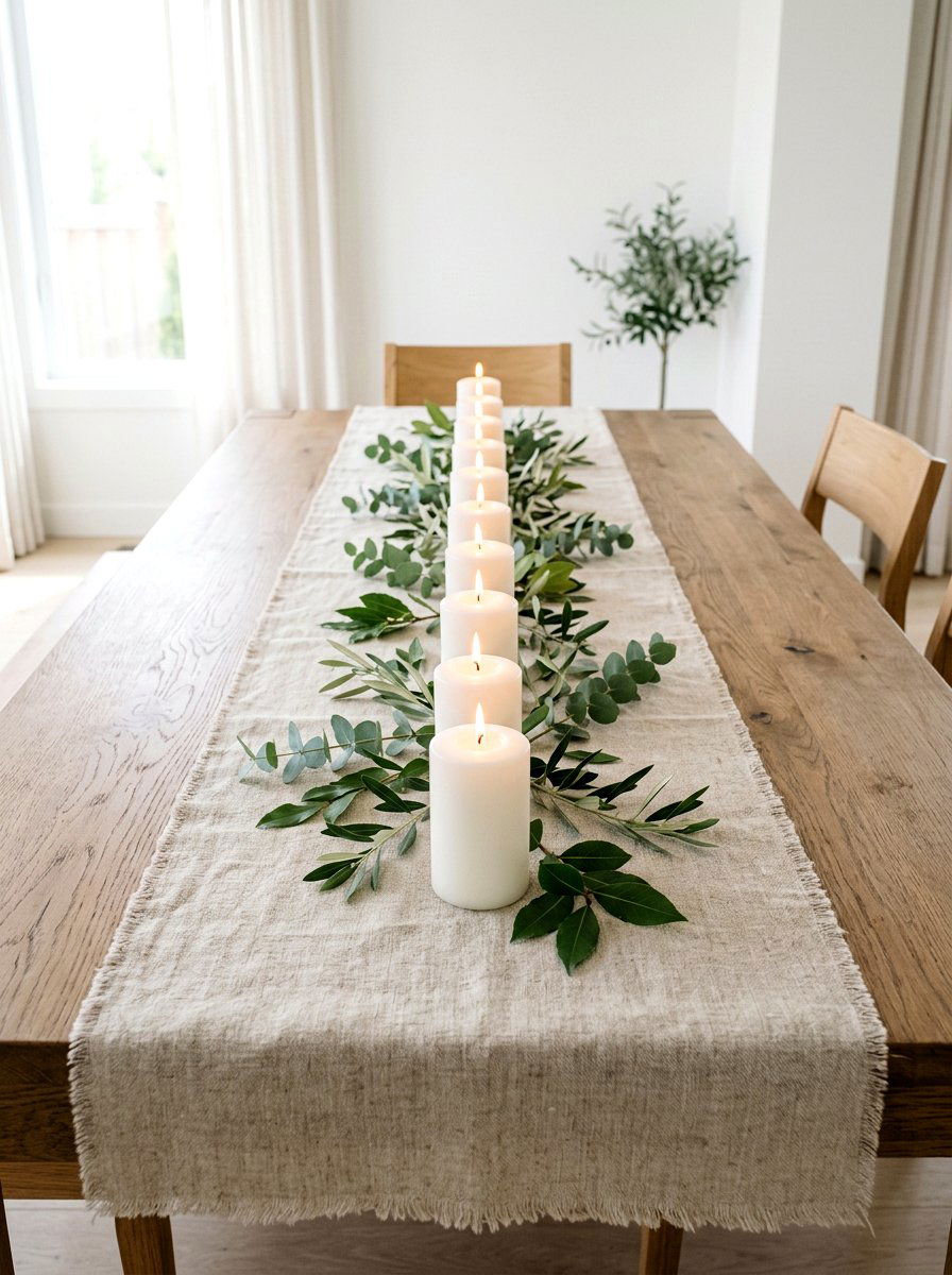 Linen Runner Pillar Candle Setup - 25 Spring Candle Centerpiece Ideas