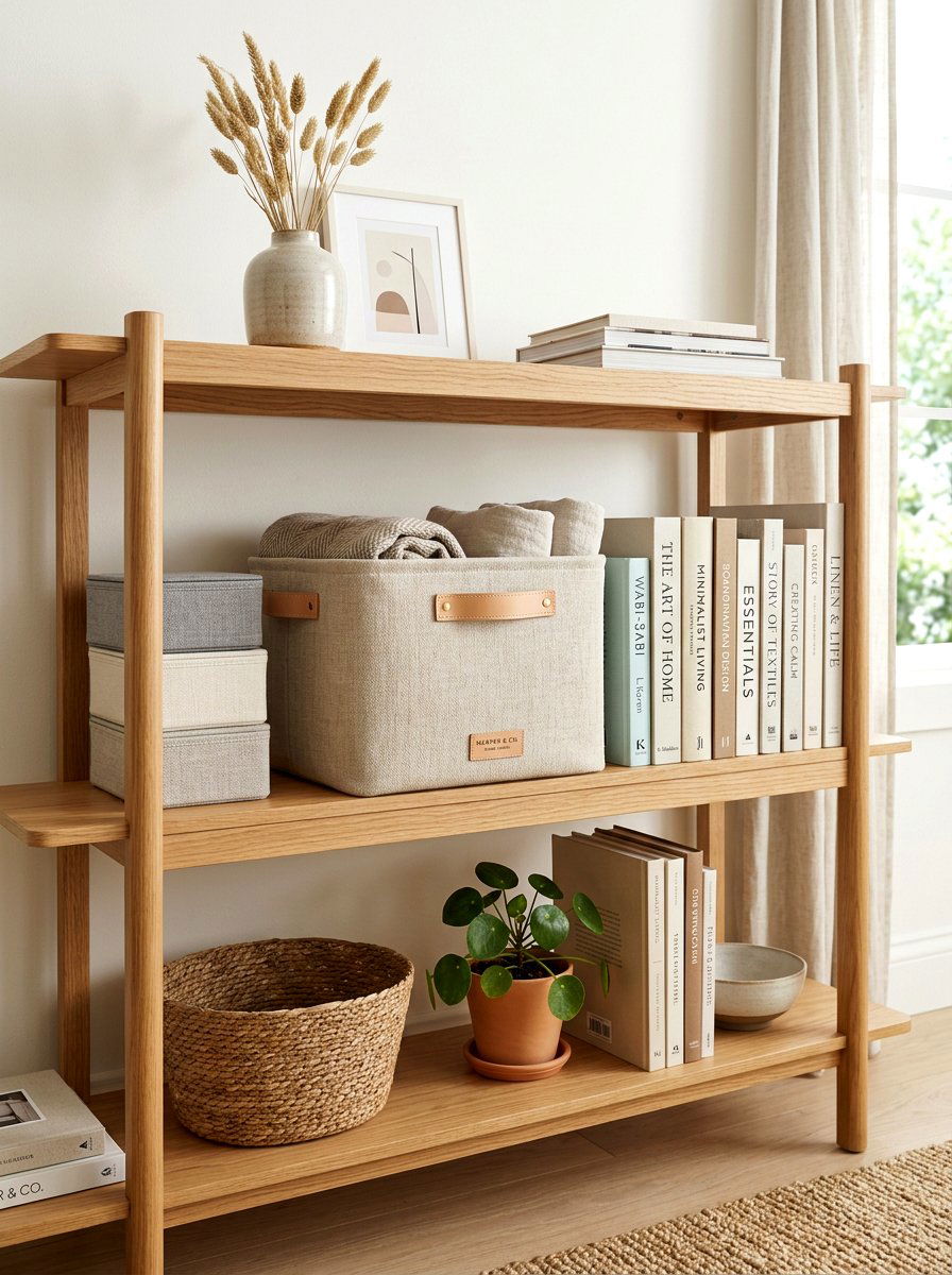 Linen Storage Bin - 25 Spring Bookshelf Styling Ideas