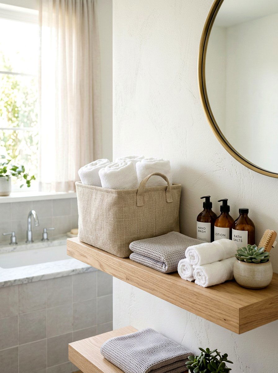 Linen Texture Basket - 25 Spring Bathroom Shelf Decor Ideas