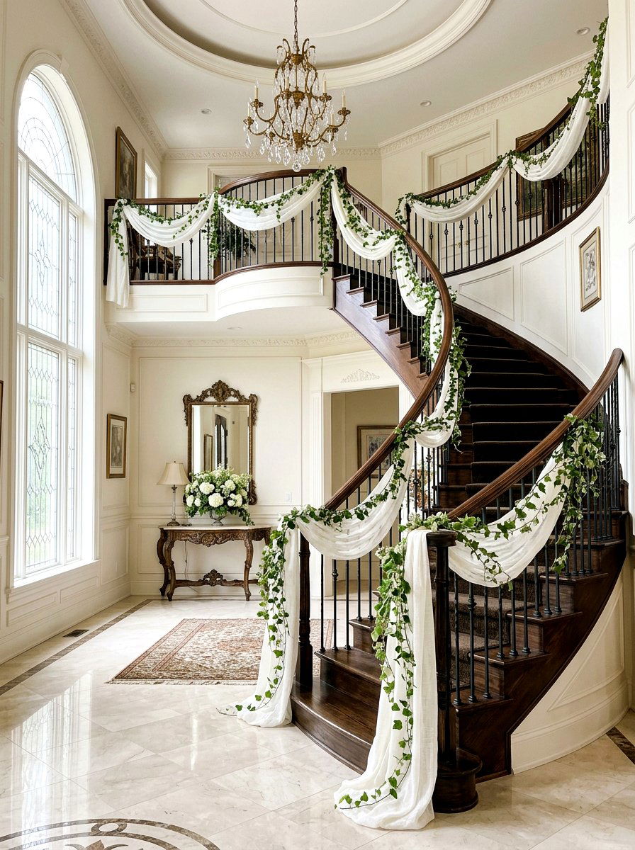Linen and ivy staircase drape - 25 Spring Staircase Decor Ideas