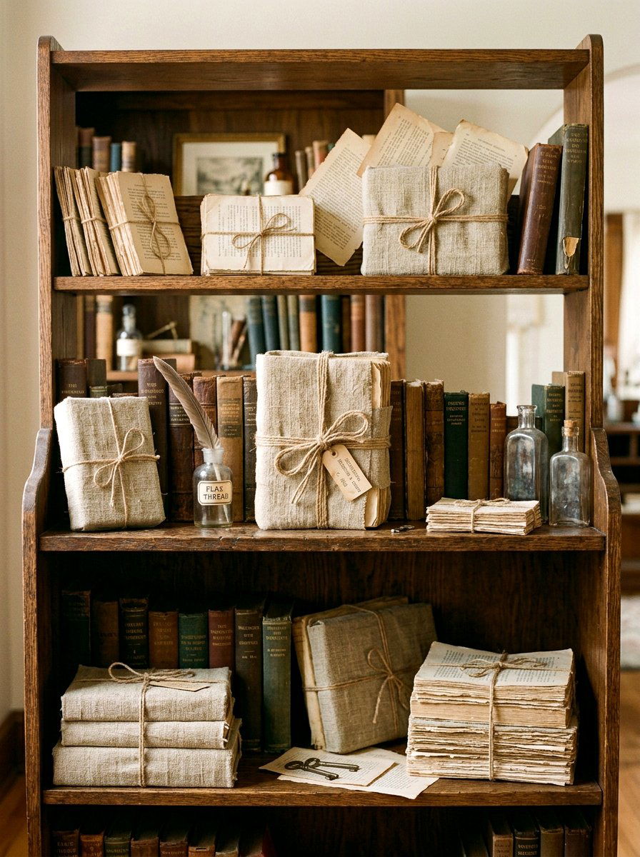 Linen book bundles - 25 Spring Bookshelf Decor Ideas