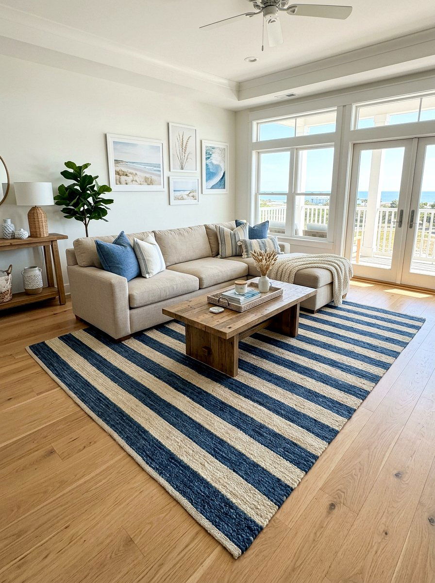 Living Area With Large Striped Area Rugs - 25 Spring Beach House Decor Ideas