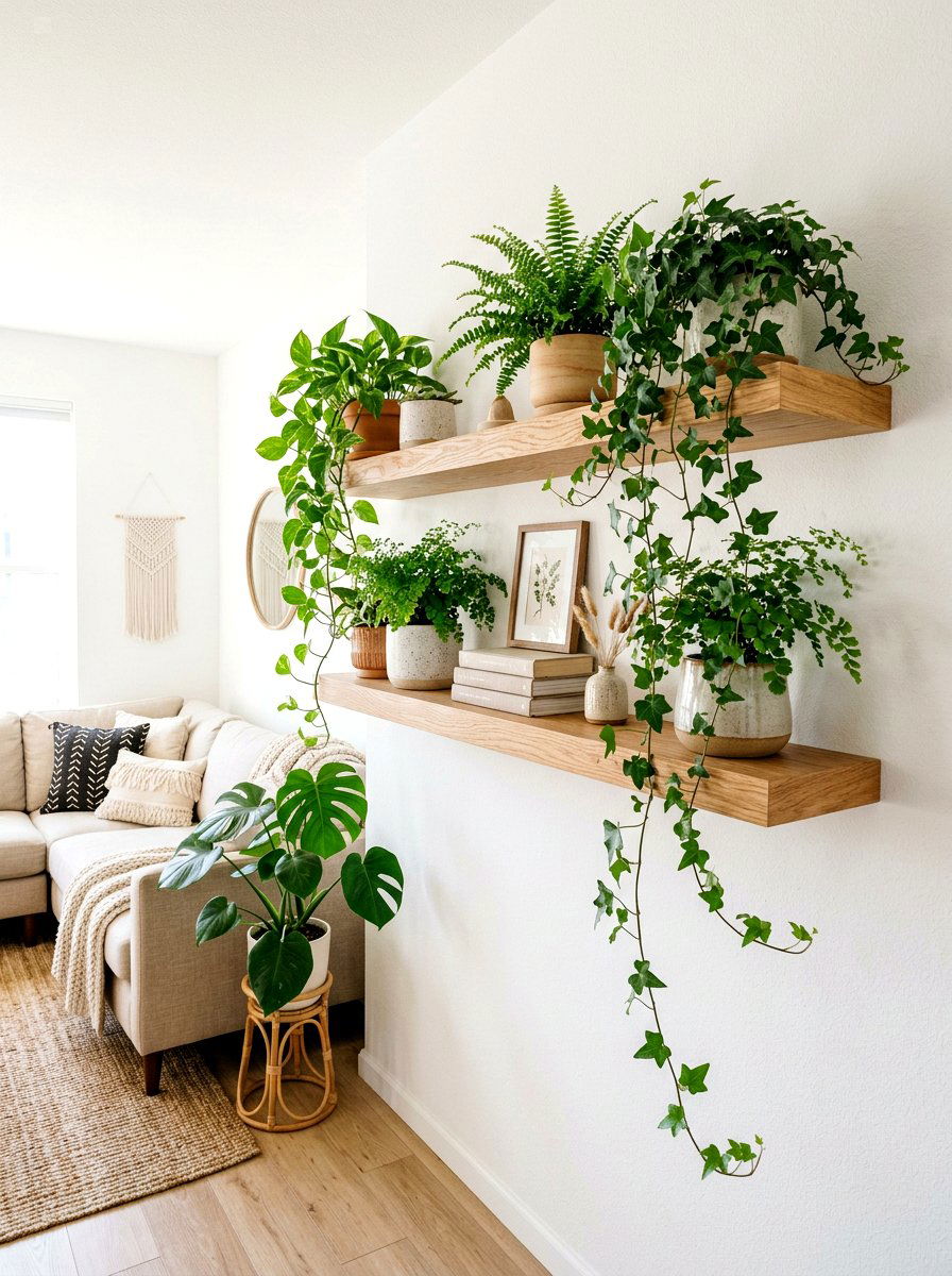 Living Room Floating Wood Shelf - 25 Spring Plant Shelf Ideas