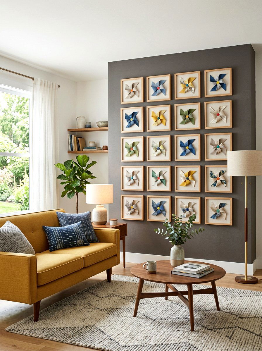 Living Room Pinwheel Gallery Wall - 25 Spring Pinwheel Decor Ideas