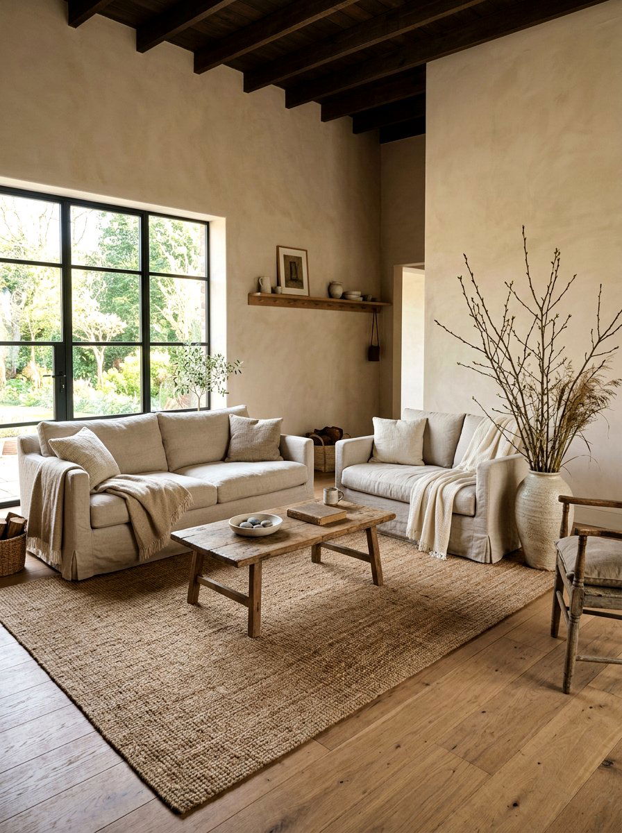 Living Room With Raw Linen Textiles - 25 Spring Wabi Sabi Decor Ideas