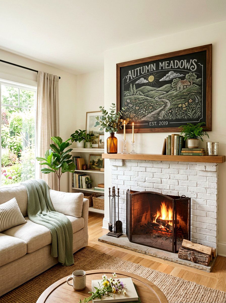 Living room mantle chalkboard art - 25 Spring Chalkboard Decor Ideas