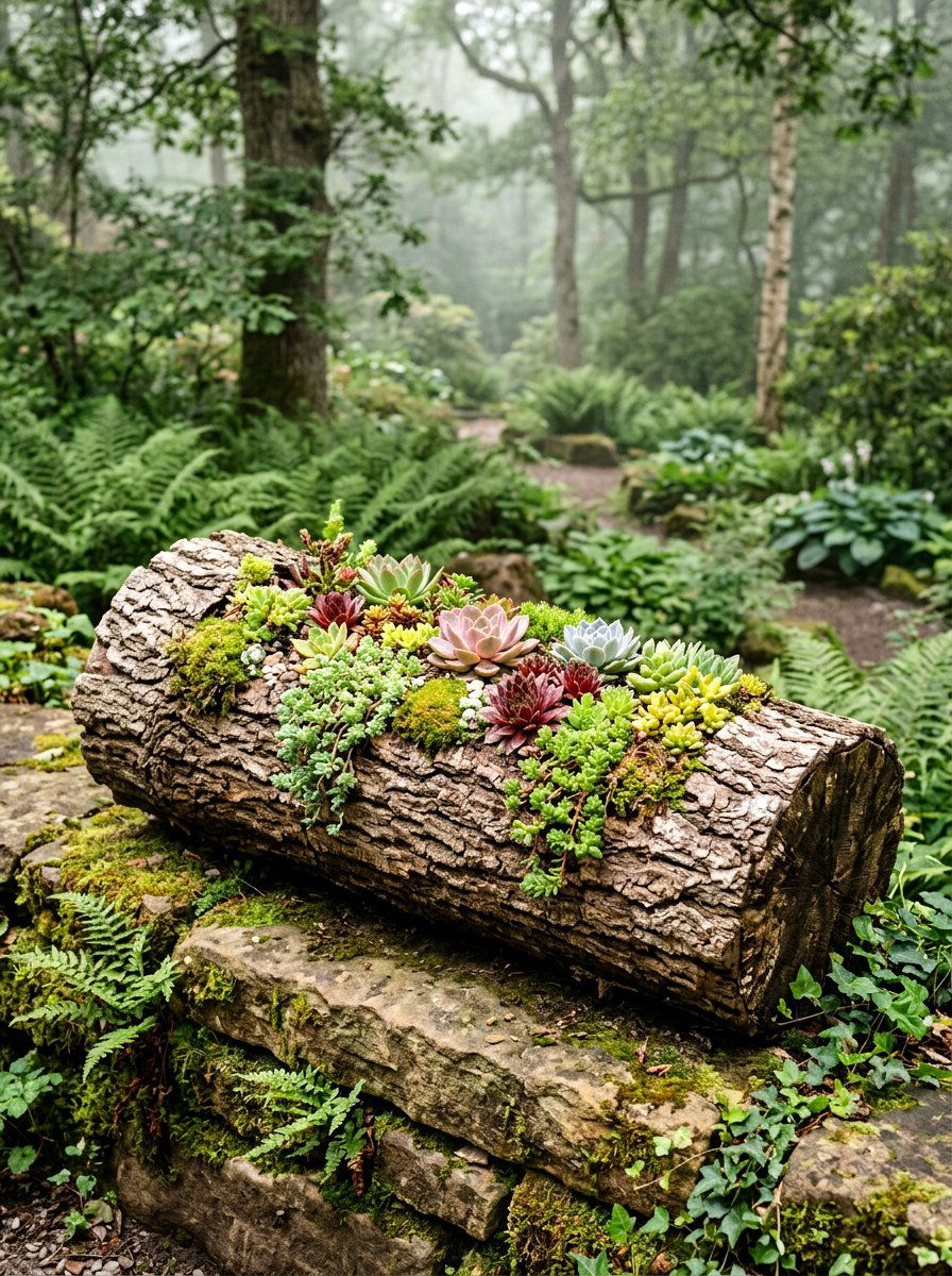 Log Planter - 25 Spring Wooden Garden Decor Ideas