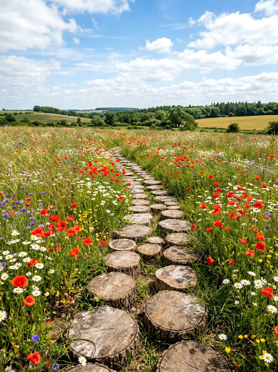 Log Slices Wildflower Meadow - 25 Spring Garden Pathway Decor Ideas
