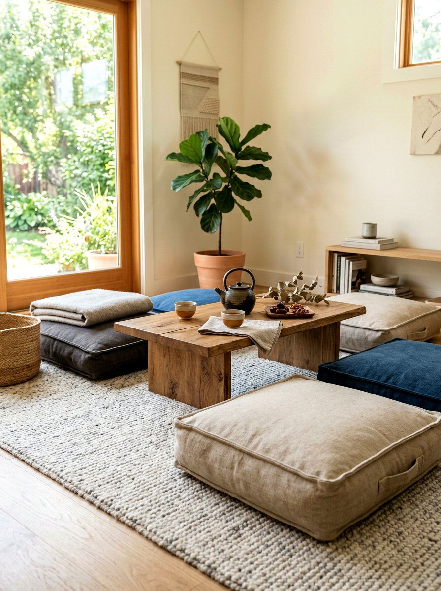 Lounge Area With Low Profile Floor Cushions - 25 Spring Wabi Sabi Decor Ideas