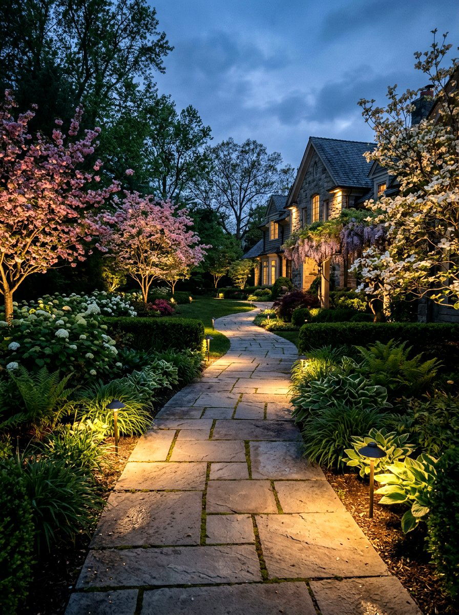 Low Voltage Spotlighting Walkway - 25 Spring Garden Pathway Decor Ideas