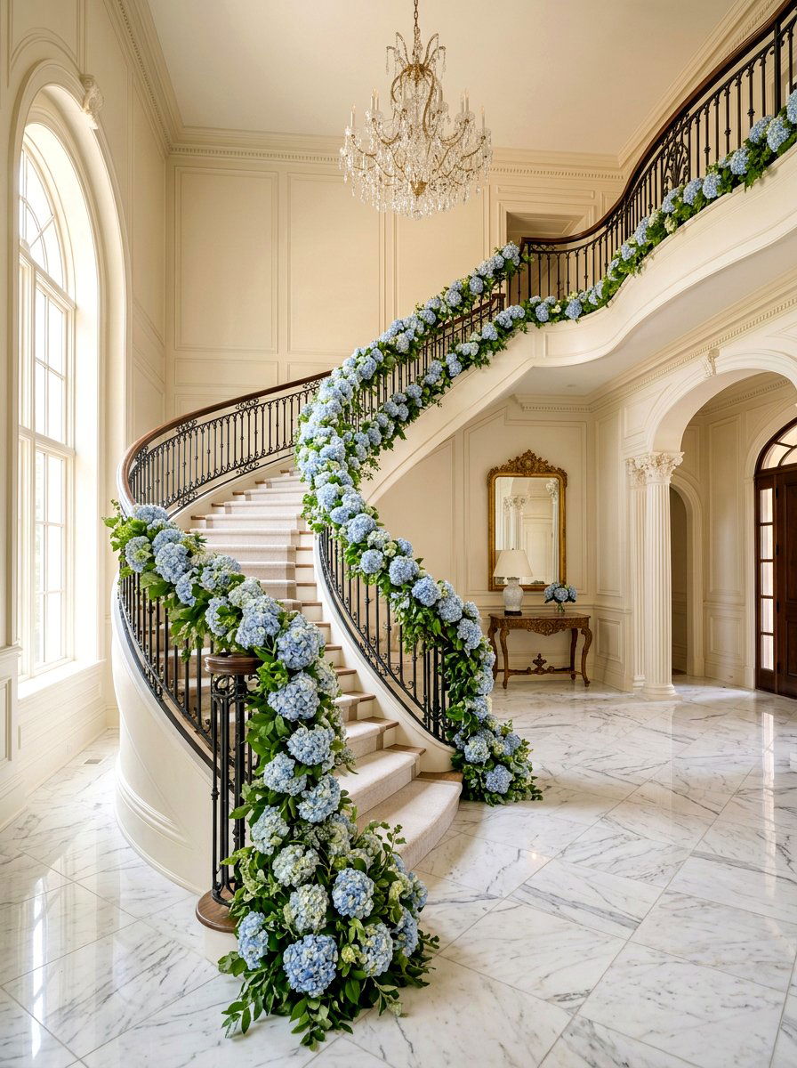 Lush Hydrangea Banister - 25 Spring Stair Railing Decor Ideas