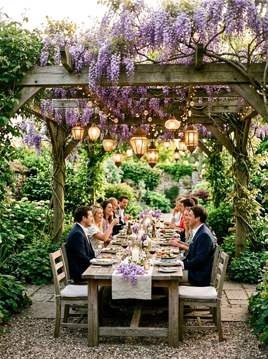 Lush garden pergola dining - 25 Spring Outdoor Dining Table Ideas