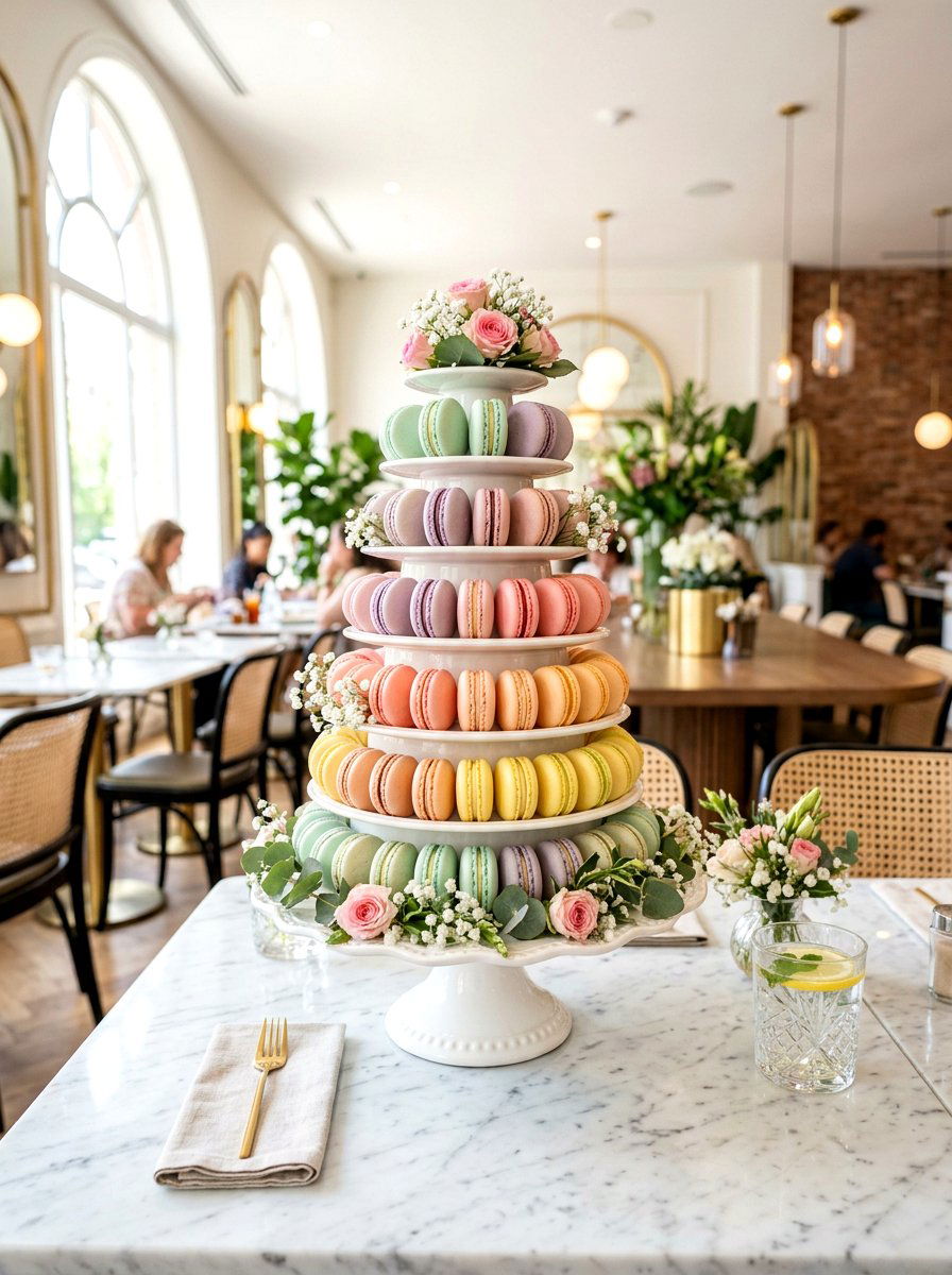 Macaron dessert tower centerpiece - 25 Spring Bridesmaid Luncheon Ideas