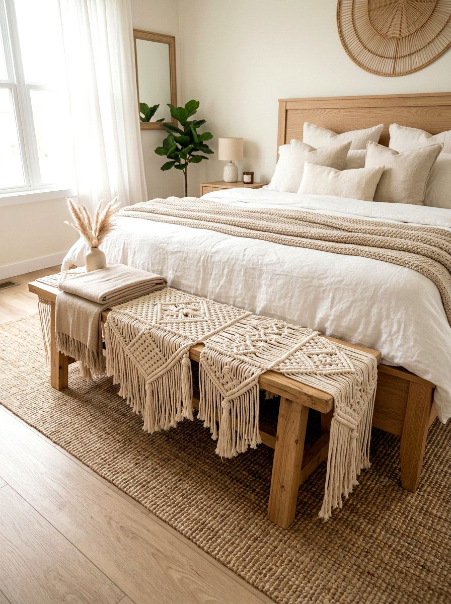 Macrame Bench Runner - 25 Spring Macrame Decor Ideas