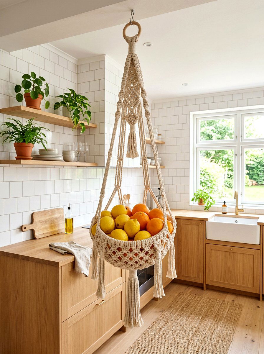 Macrame Fruit Basket - 25 Spring Macrame Decor Ideas