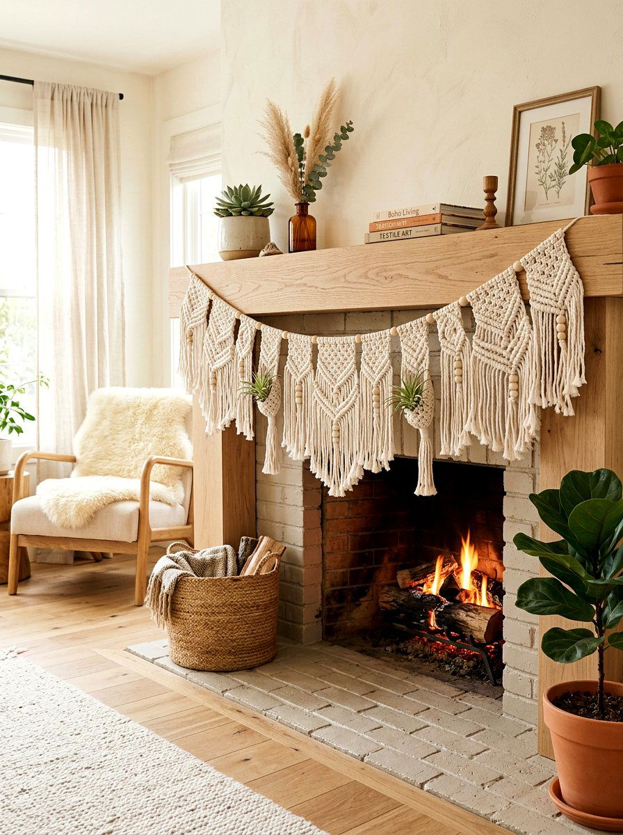 Macrame Garland Decor - 25 Spring Fireplace Mantel Ideas