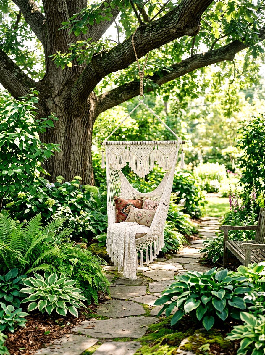Macrame Hanging Chair Garden - 25 Spring Garden Swing Decor Ideas
