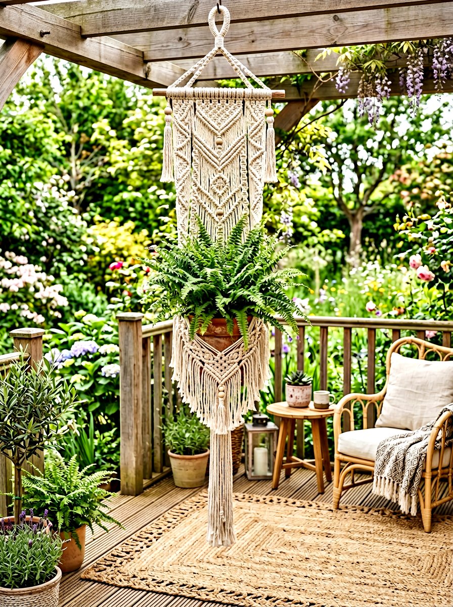 Macrame Hanging Plant Holder - 25 Spring Deck Railing Decor Ideas