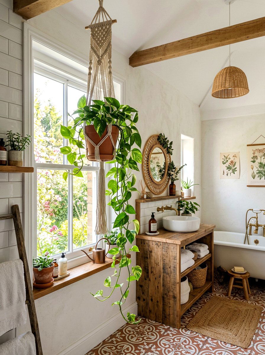 Macrame Hanging Plant Holder - 25 Spring Bathroom Decor Ideas