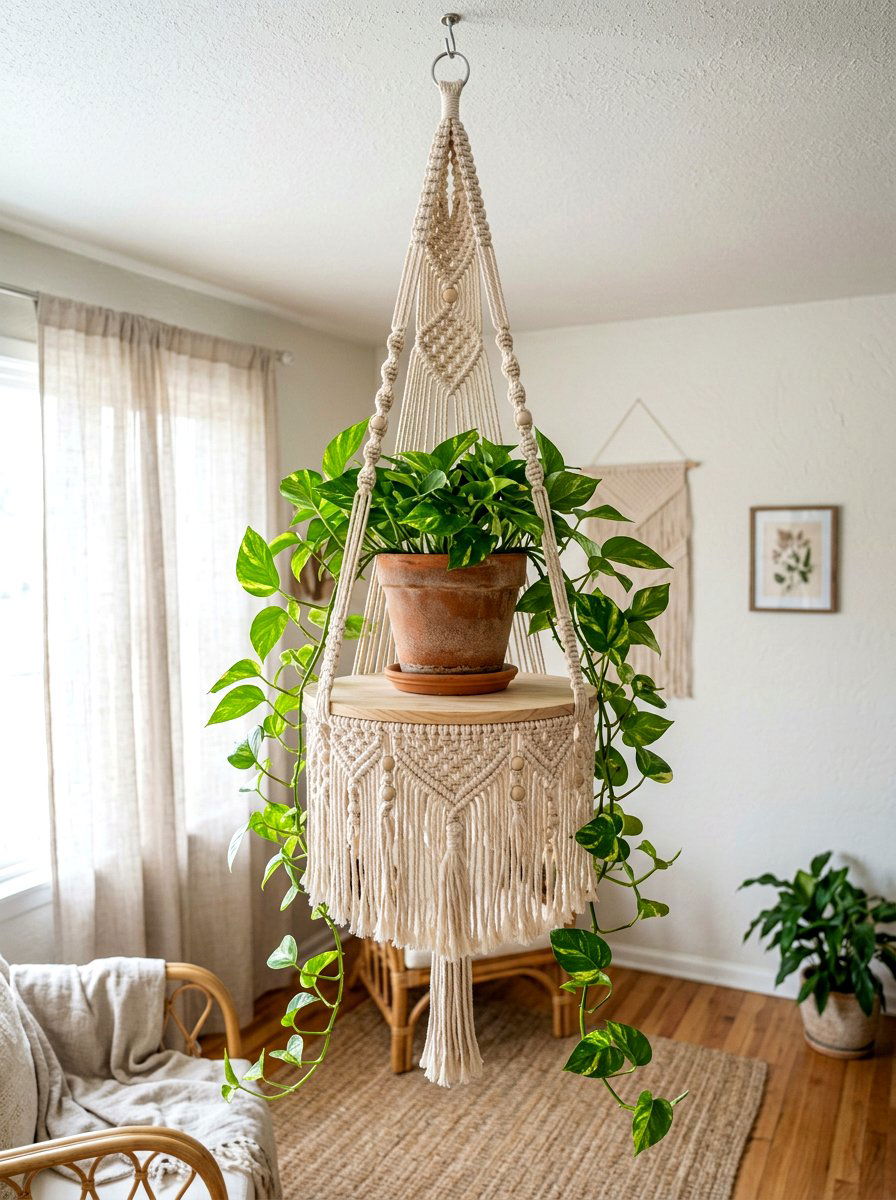Macrame Hanging Plant Shelf - 25 Spring Plant Shelf Ideas