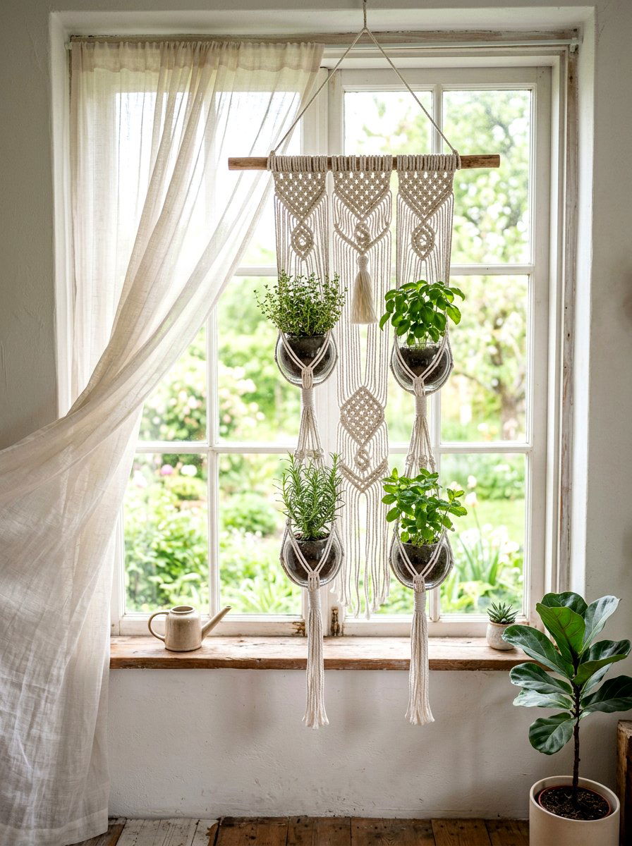 Macrame Herb Hanger - 25 Spring Indoor Herb Display Ideas