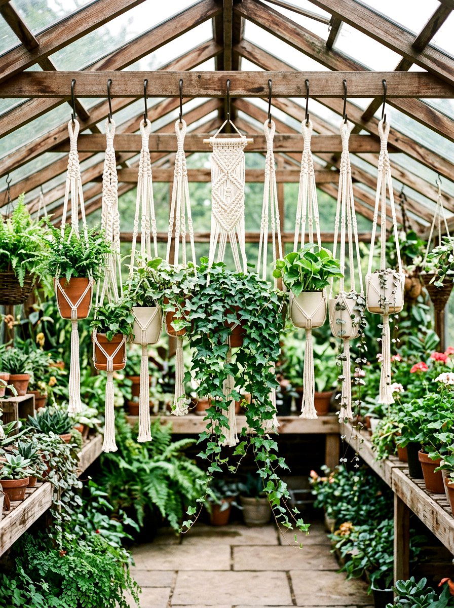 Macrame Plant Hanger Display - 25 Spring Greenhouse Display Ideas