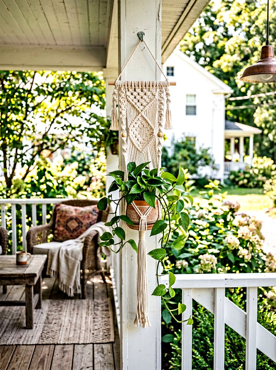 Macrame Plant Hanger Porch Post - 25 Spring Porch Post Decor Ideas