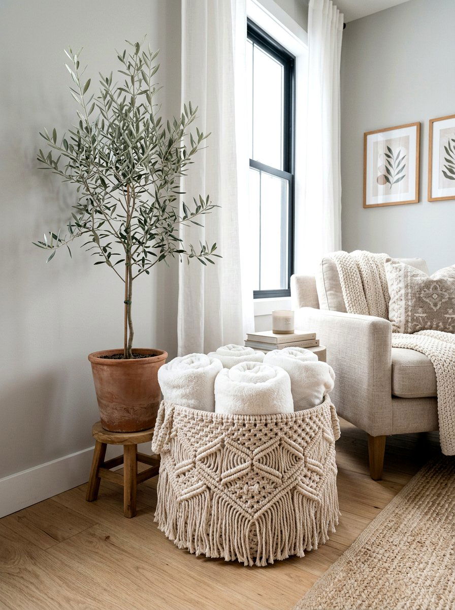 Macrame Storage Basket - 25 Spring Macrame Decor Ideas