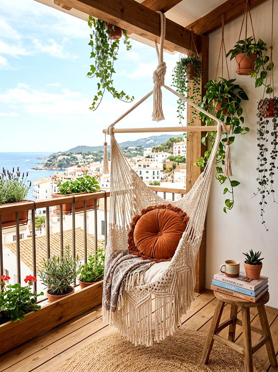 Macrame Swing Chair - 25 Spring Balcony Seating Decor Ideas