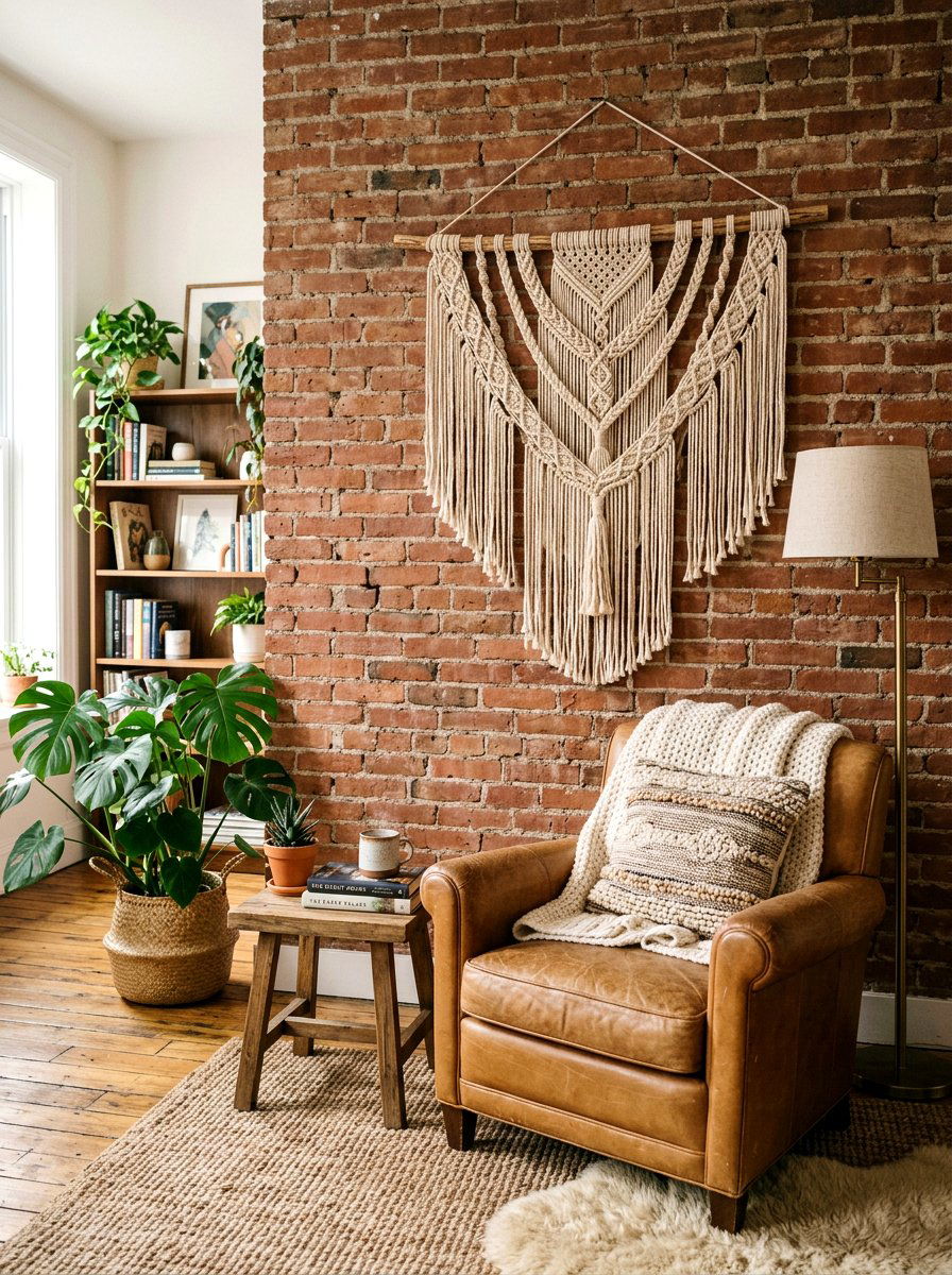Macrame Wall Hanging On Brick - 25 Spring Brick Wall Decor Ideas