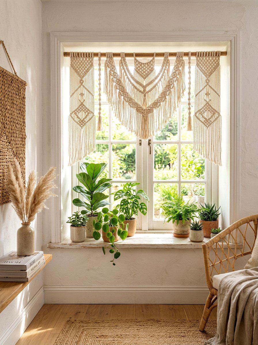 Macrame Window Curtain - 25 Spring Macrame Decor Ideas