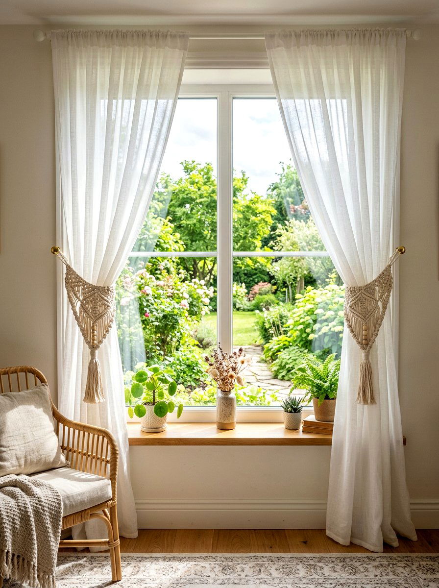 Macrame curtain tie back - 25 Spring Weaving Decor Ideas