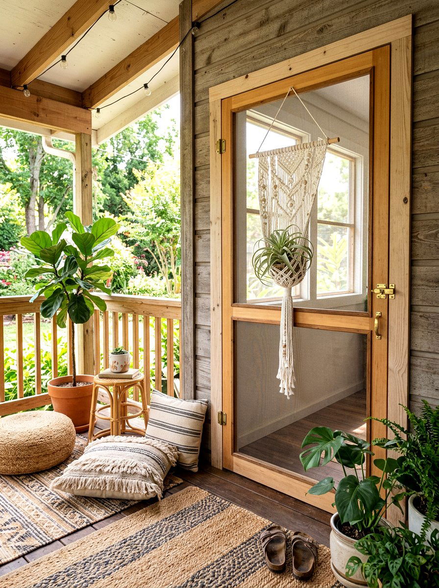 Macrame plant hanger for door - 25 Spring Screen Door Decor Ideas