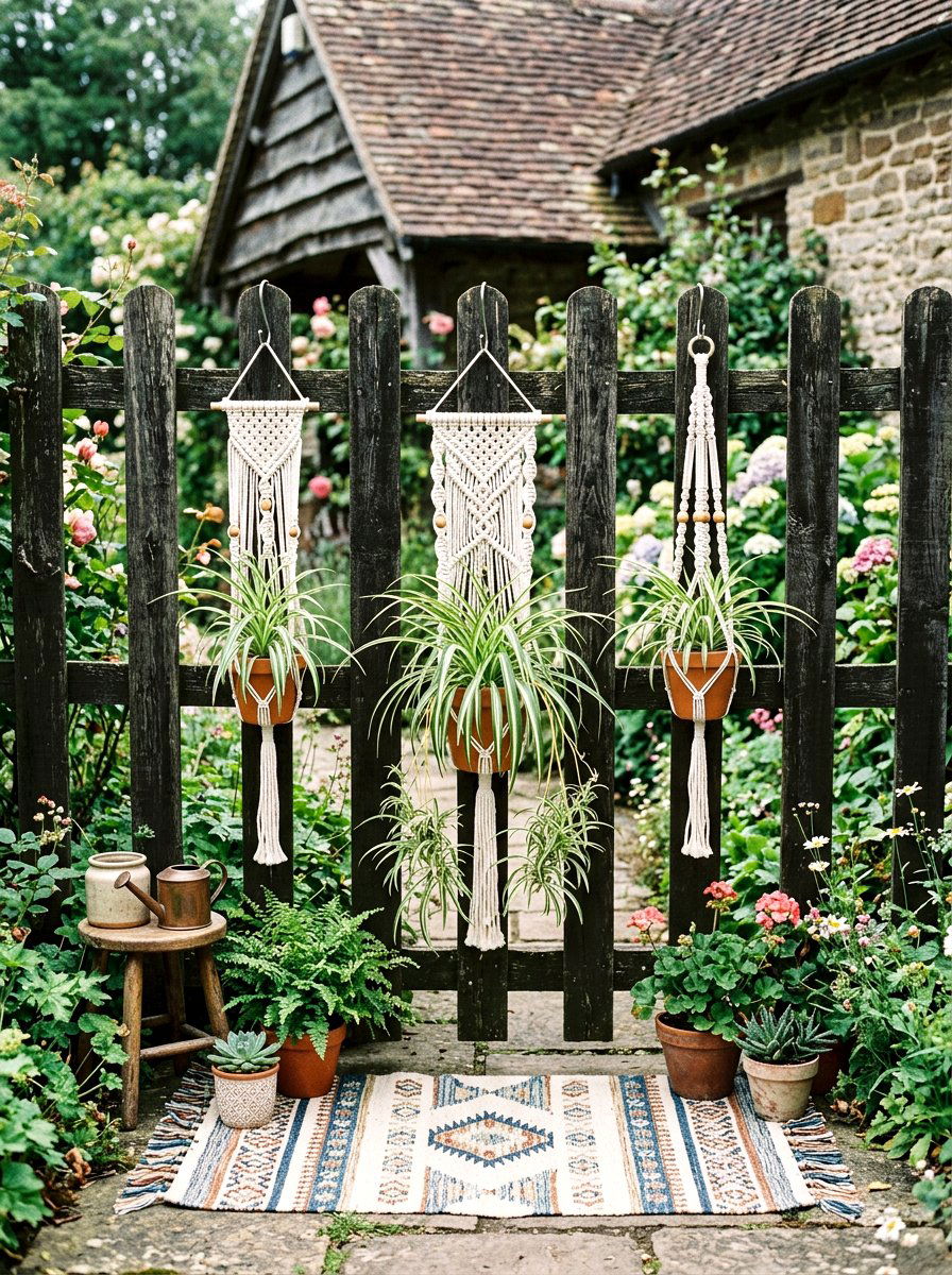Macrame plant hangers - 25 Spring Cottage Fence Decor Ideas