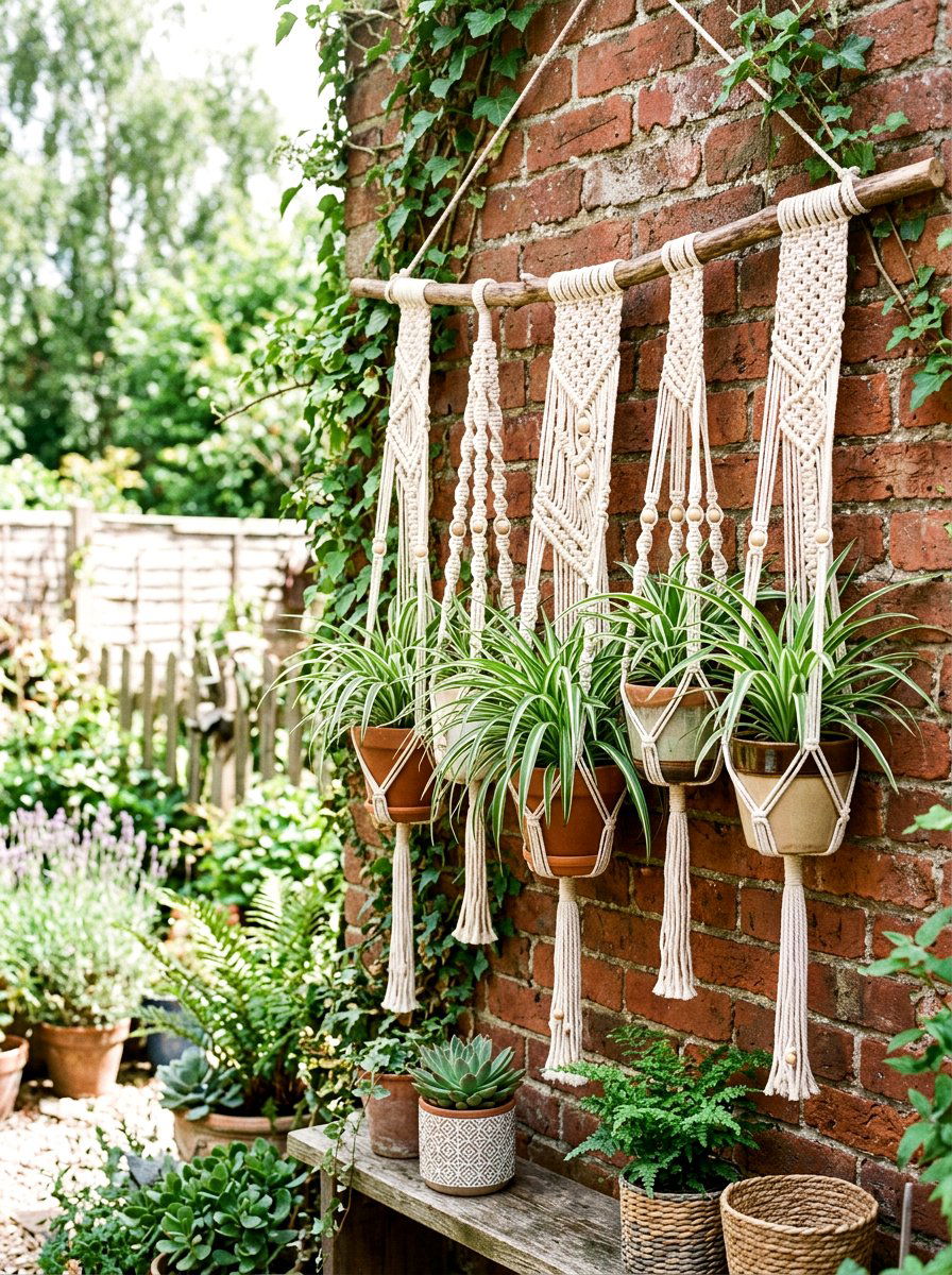 Macrame plant hangers - 25 Spring Garden Wall Decor Ideas