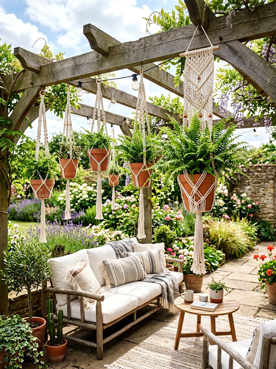 Macrame plant hangers - 25 Spring Pergola Hanging Decor Ideas