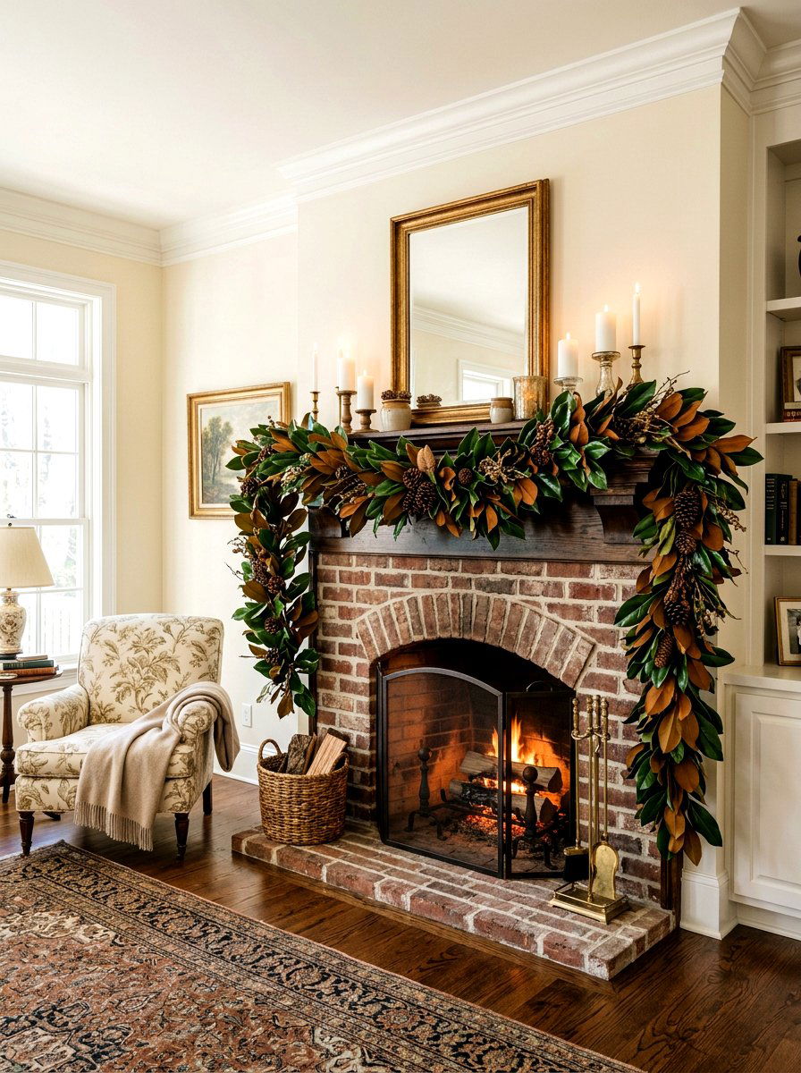 Magnolia Leaf Garland - 25 Spring Mantel Garland Ideas