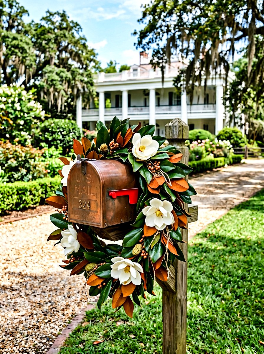 Magnolia Leaf Mailbox Swag - 25 Spring Mailbox Topper Ideas