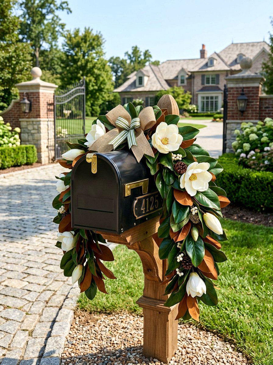 Magnolia Leaf Mailbox Topper - 25 Spring Mailbox Swag Ideas
