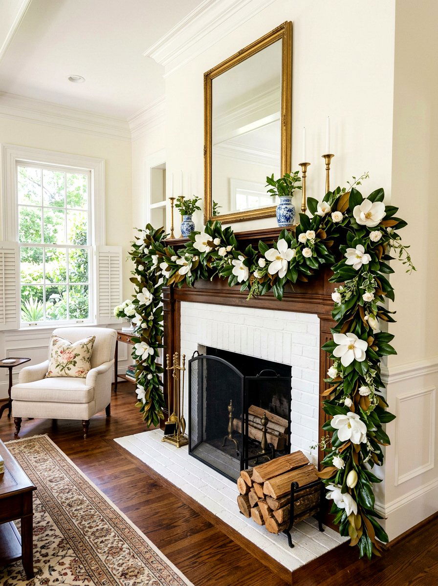 Magnolia Leaf Spring Garland - 25 Spring Mantel Floral Ideas