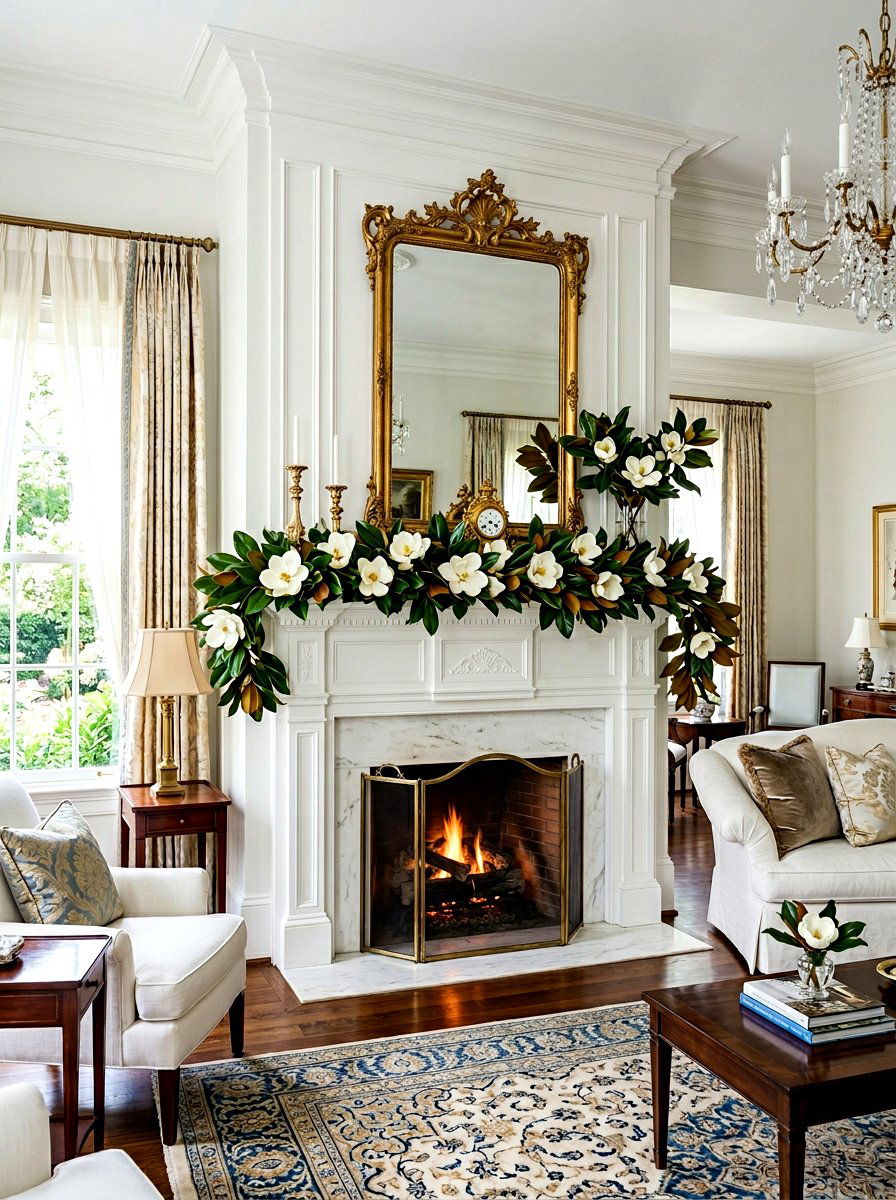 Magnolia Mantel - 25 Spring Garland Ideas for Mantel