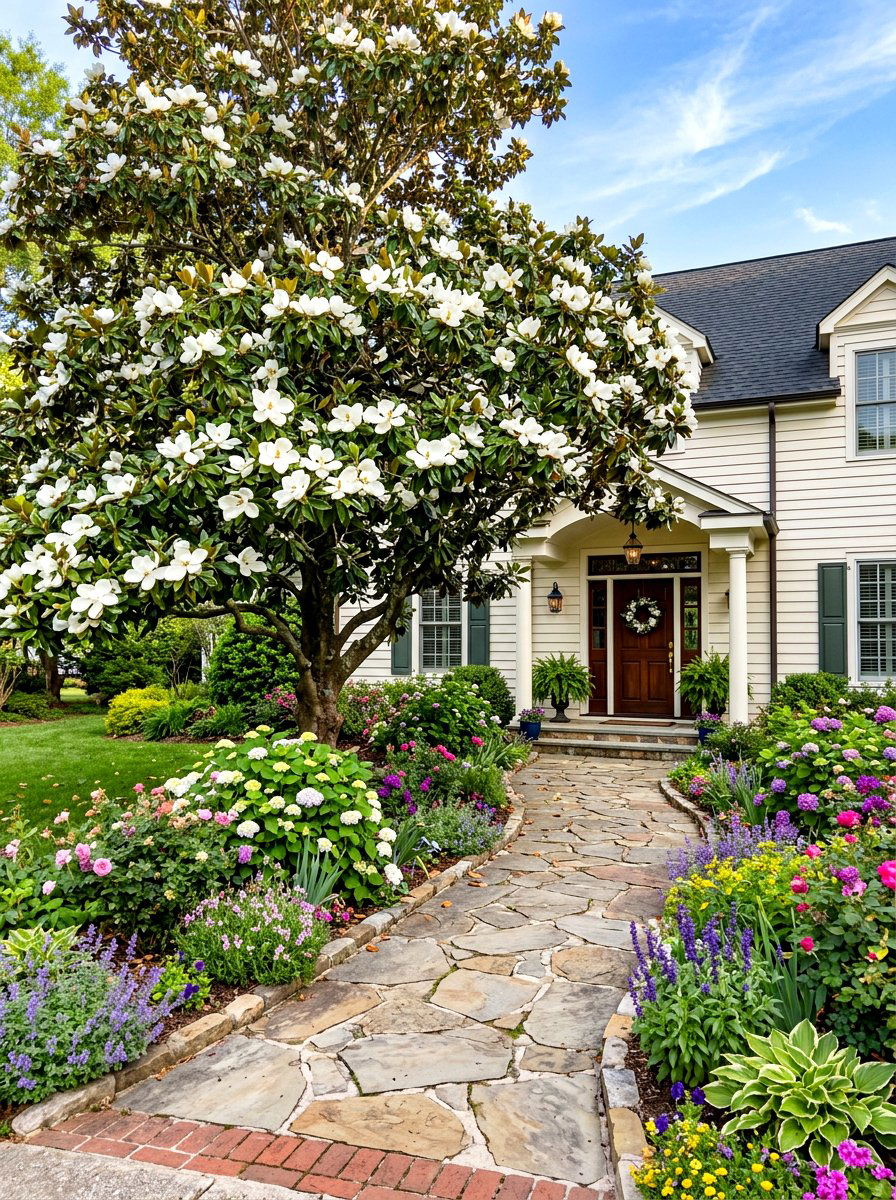 Magnolia Tree Near Entrance Walkway - 25 Spring Magnolia Tree Ideas