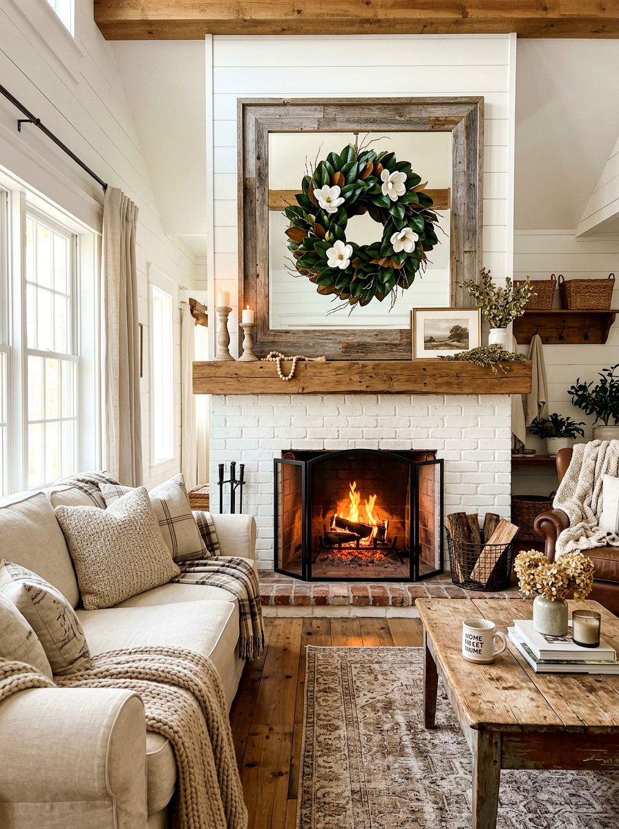 Magnolia wreath on farmhouse mirror - 25 Spring Wreath on Mirror Ideas