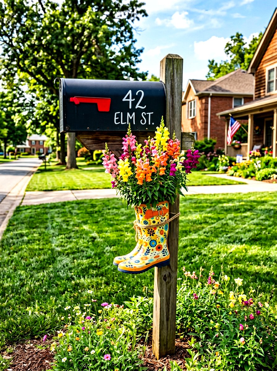 Mailbox rain boot flowers - 25 Spring Rain Boot Decor Ideas